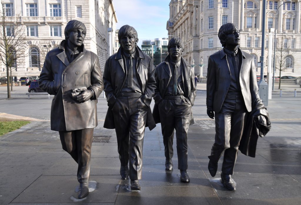 Beatles statues at Liverpool waterfront.