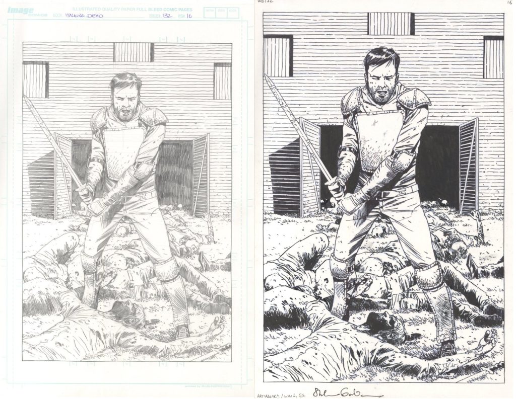 An image of the comic art from The Walking Dead by Charlie Adlard that features in the Drawn of the Dead exhibition at Shrewsbury Museum and Art Gallery.