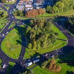 An aerial photo of Meole Brace roundabout after improvement work was completed