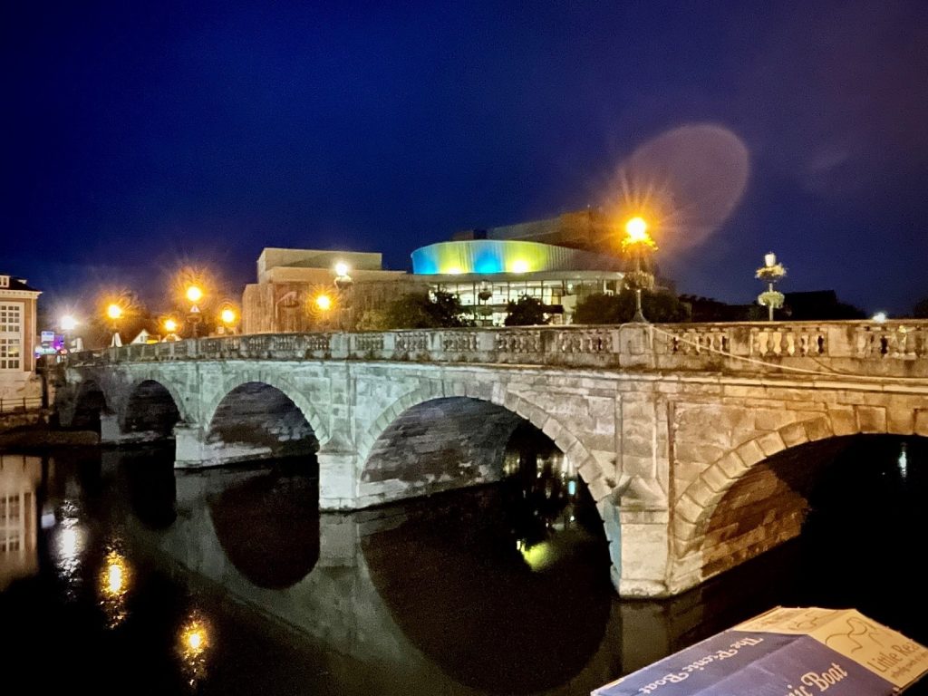 Theatre Severn lit with the colours of the Ukraine flag.