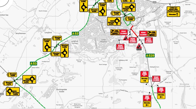 Map showing the diversion routes while the A529 is closed