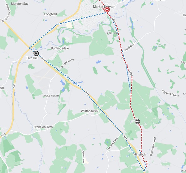 Map showing The stretch of road that will be closed, and the diversion route