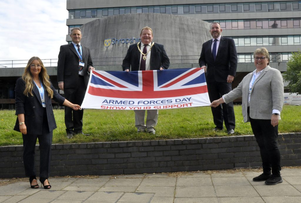 Armed Forces Week 9and the Day on Saturday 26 June) launched by, left to right: Councillor Kirstie Hurst-Knight, Councillor Ian Nellins, Councillor Vince Hunt (Chair of Shropshire Council), chief executive Andy Begley, and Councillor Lezley Picton (Leader of Shropshire Council).