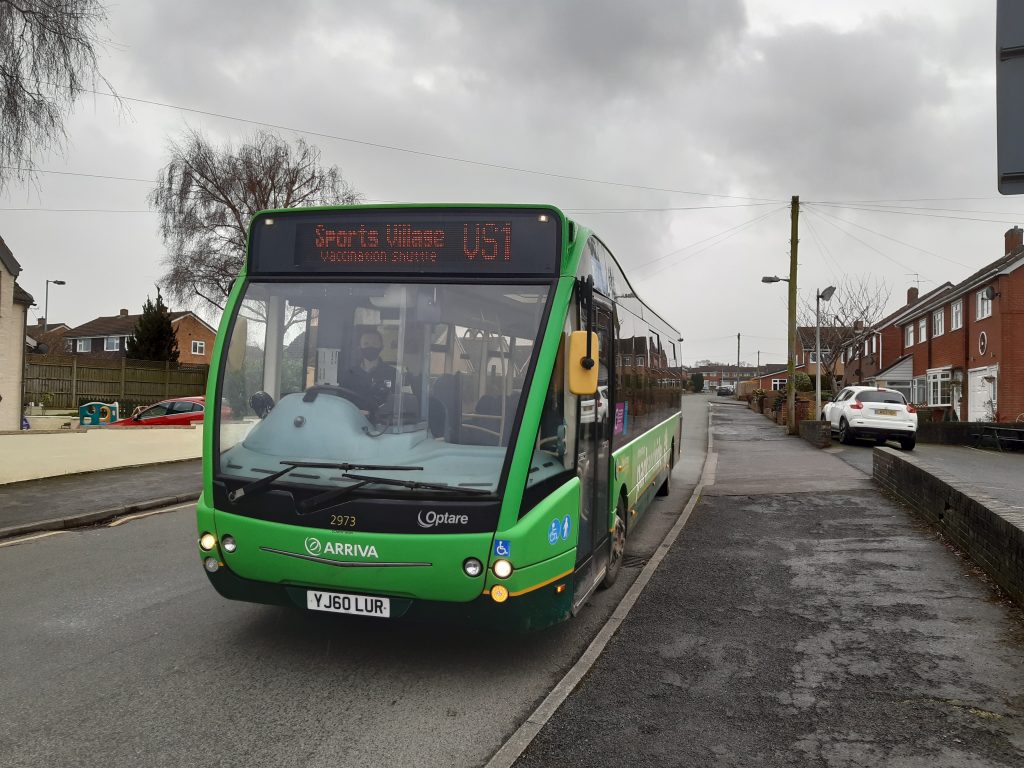 An image of an Arriva bus in Shrewsbury that will transport people to their COVID-19 vaccination appointments.