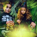 An image of two children dressed as a skeleton and a witch making a potion over a cauldron. Join Shrewsbury Museum and Art Gallery for Museums are Magic and create your own potion.