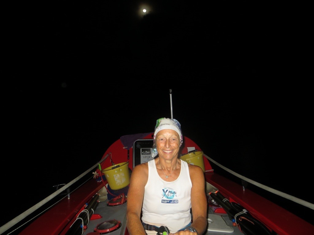 Di Carrington in a boat during the Atlantic rowing challenge