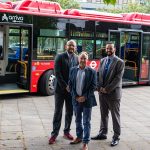 With the electronic bus are James Willocks and Councillor Simon Harris from Shropshire Council, with Jamie Crowsley from Arriva