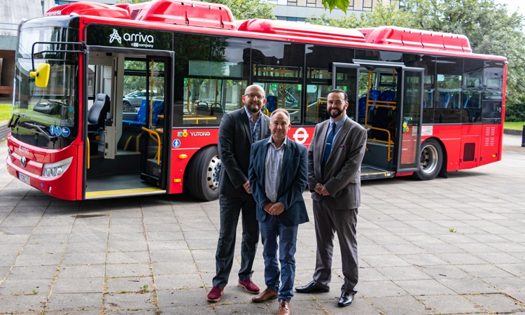 With the electronic bus are James Willocks and Councillor Simon Harris from Shropshire Council, with Jamie Crowsley from Arriva