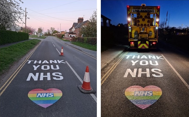 The Thank You NHS Road markings outside the near to Gobowen and Whitchurch hospitals