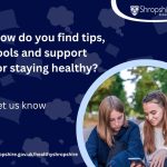 A graphic with the words 'How do you find tips, tools and support for staying healthy?' The background is dark blue and there is a photograph of two young people looking at a mobile phone screen