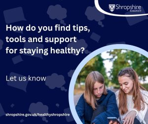 A graphic with the words 'How do you find tips, tools and support for staying healthy?' The background is dark blue and there is a photograph of two young people looking at a mobile phone screen
