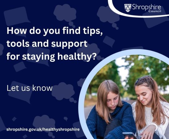 A graphic with the words 'How do you find tips, tools and support for staying healthy?' The background is dark blue and there is a photograph of two young people looking at a mobile phone screen