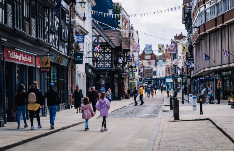 High Street, Shrewsbury closed to traffic with people walking on the road