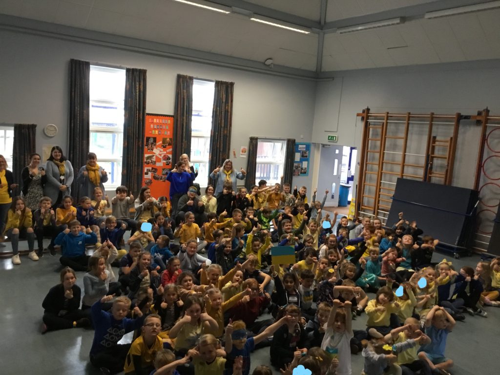 Hinstock Primary School, Market Drayton wear blue and yellow in support of Ukraine