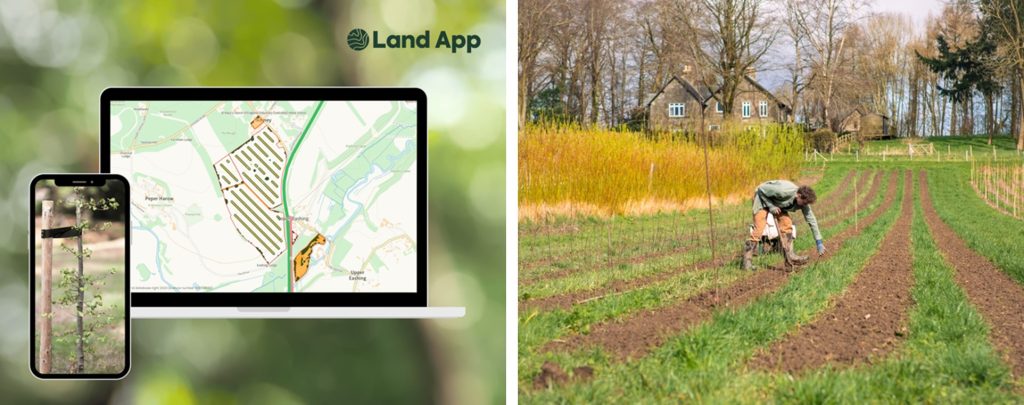 Screenshots of Land App’s new Agroforestry Designer Toolkit (L) and agroforestry in action (R). Credit Land App (L) and The Tree Council (R). 