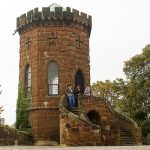 An image of Laura's Tower at Shrewsbury Castle with green trees to the right and ivy growing up the side. Laura's Tower is open for the Heritage Open Days festival.
