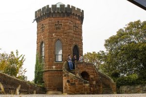 An image of Laura's Tower at Shrewsbury Castle with green trees to the right and ivy growing up the side. Laura's Tower is open for the Heritage Open Days festival.