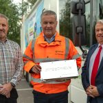 Councillors Ian Nellins and Richard Overton pictured with Ian Hancock and the Streetwave surveying equipment which is a silver couloured box. A refuse collection vehicle is in the background.