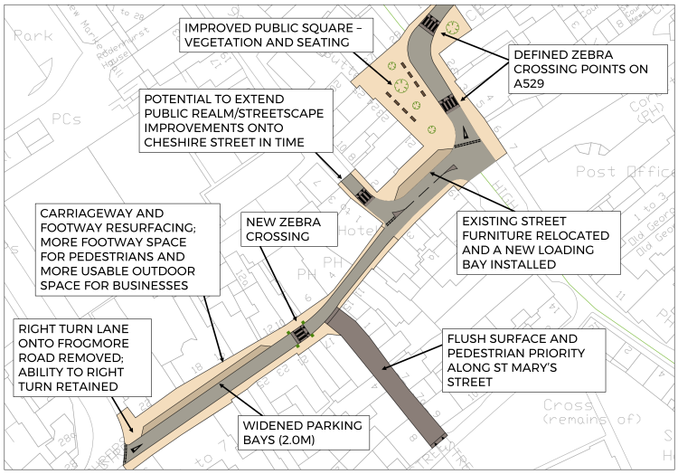 Map showing proposed improvements on Shropshire Street in Market Drayton