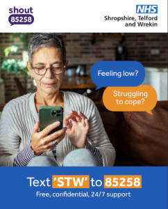 A free, confidential 24/7 mental health text support service for all ages in Shropshire
