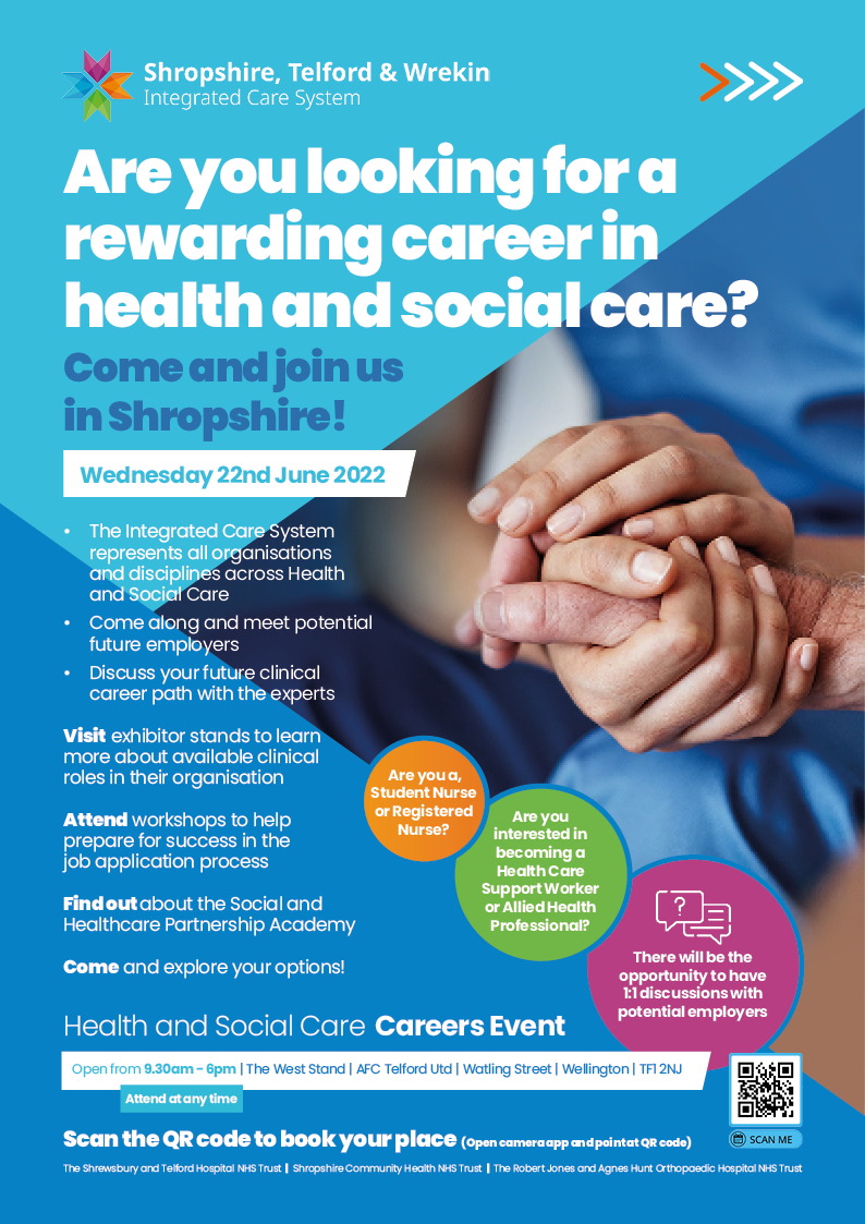 ICS - health and social care careers event on 22 June 2022 in Wellington - flyer