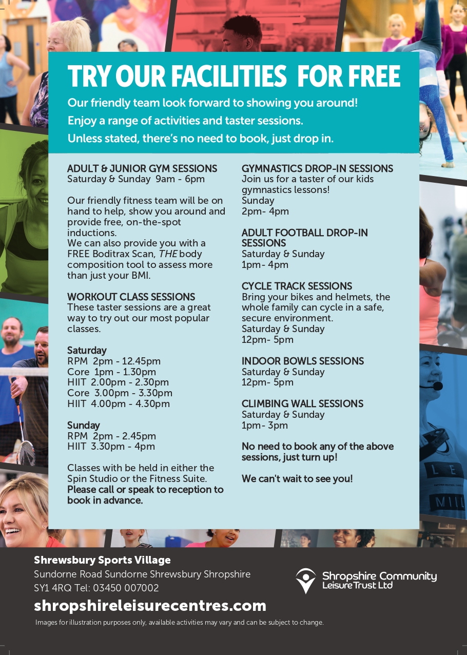 Shrewsbury Sports Village activities poster