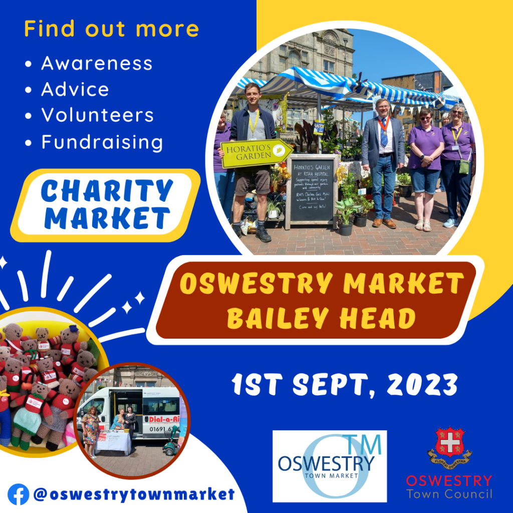 Oswestry charity market on Friday 1 September poster