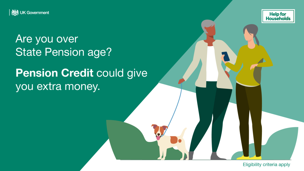 Pension Credit infographic showing 2 drawn people with a drawn dog