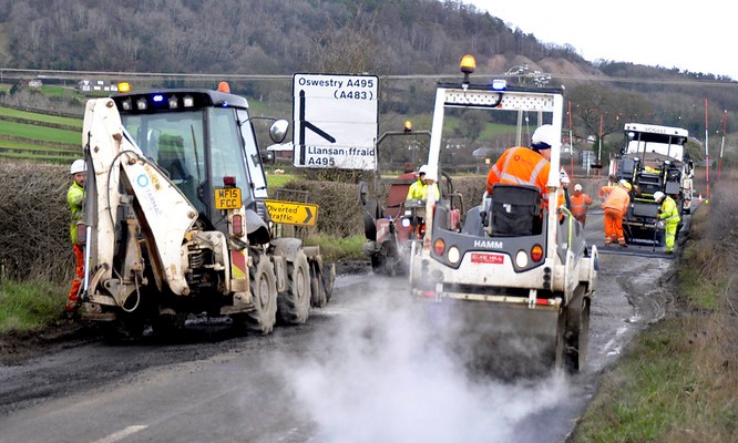 Patching work on the B4396 near Llanyblodwel in February 2022
