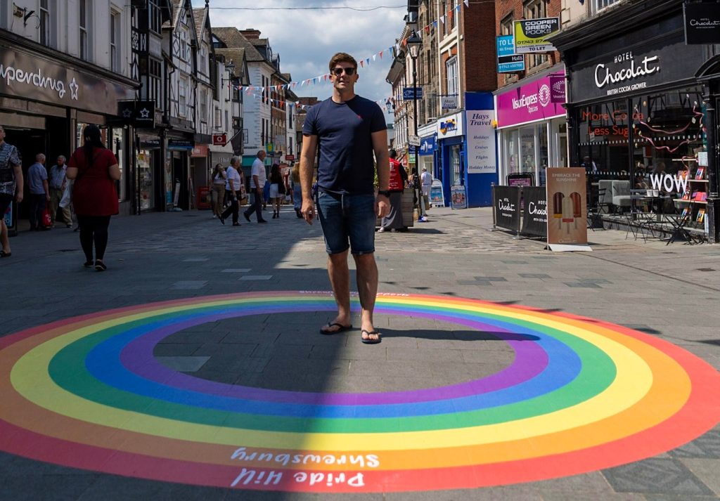Rainbow drawn on ground in Pride Hill, Shrewsbury