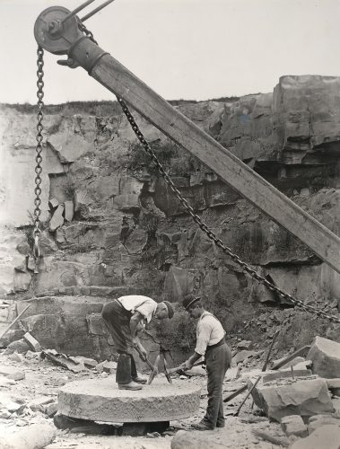 An image in black and white of two men working in the old millstone quarry in the Severn Valley. The Severn Valley Lives in the Landscape project is looking for volunteers to help preserve memories like these.