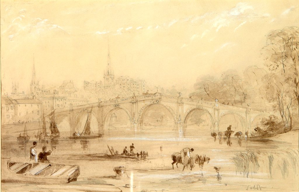 An image of a painting of the English Bridge in Shrewsbury by CW Radclyffe in the early nineteenth Century. The painting will feature in the Lost Shrewsbury exhibition at Shrewsbury Museum and Art Gallery.