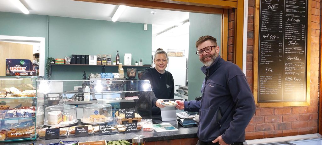 Edward Andrews, Shropshire Council Parks and Countryside Manager and Libby Russell, Team Member at No.92 Coffee Lounge.