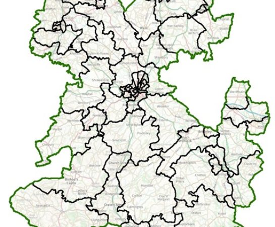 Map of Shropshire showing the current electoral boundaries.