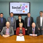 An image of eight representatives of Shropshire organisations, including Shropshire Council's Chief Executive, who have signed up to the Social Value Charter in Shropshire