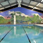 A swimming pool with a colourful wall in the background