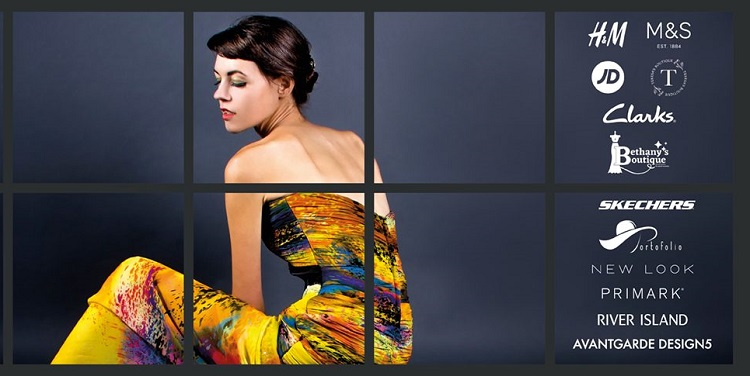 Lady in a dress sitting down alongside the names of the retailers taking part in the fashion event at the Darwin Centre