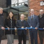 A ribbion is cut by Councillor Peter Nutting to officially open the new student accommodation,