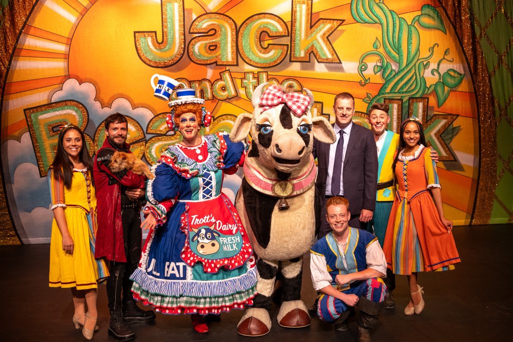 Robert Macey, Shropshire Council's Cabinet member for culture and digital (in suit), with the cast of Jack and the Beanstalk at Shropshire Council’s Theatre Severn