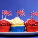 Red, white and blue cupcakes with union jack flags