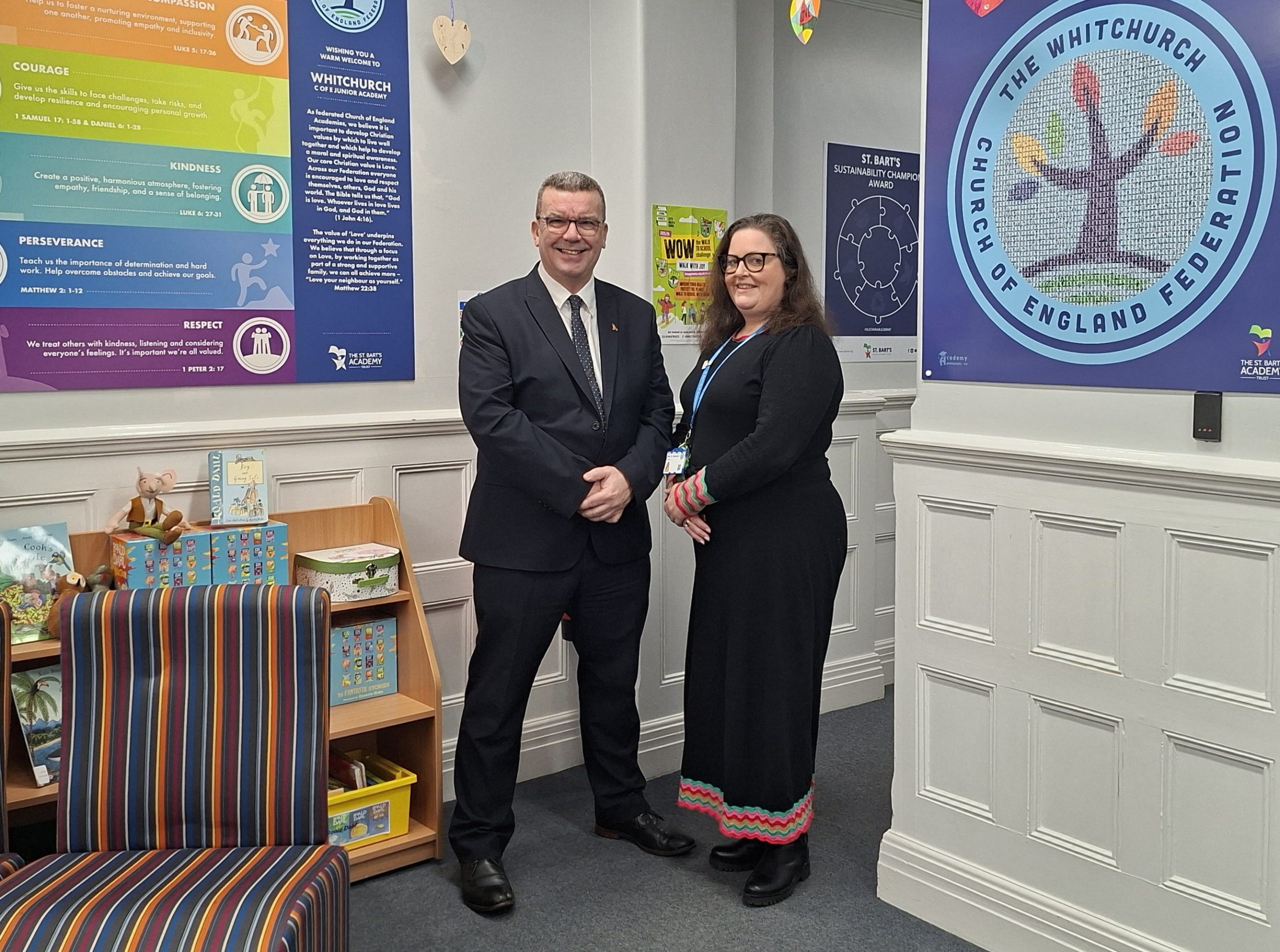 Councillor Andy Hall and Sarah Camacho, Federation Principal at Whitchurch Church of England Federation.