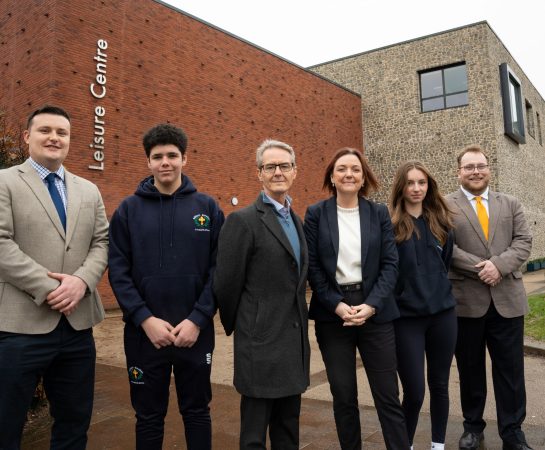 Pictured L-R: Councillor Dan Thomas, Shropshire Councillor for Much Wenlock and Town Mayor; Ed Lloyd, Student, William Brookes School; Scott Rolfe, CEO, Halo Leisure; Ruth Shaw, Headteacher, William Brookes School; Sophie Buckland, Student, William Brookes School; Councillor James Owen, Portfolio Holder for Housing & Leisure, Shropshire Council.