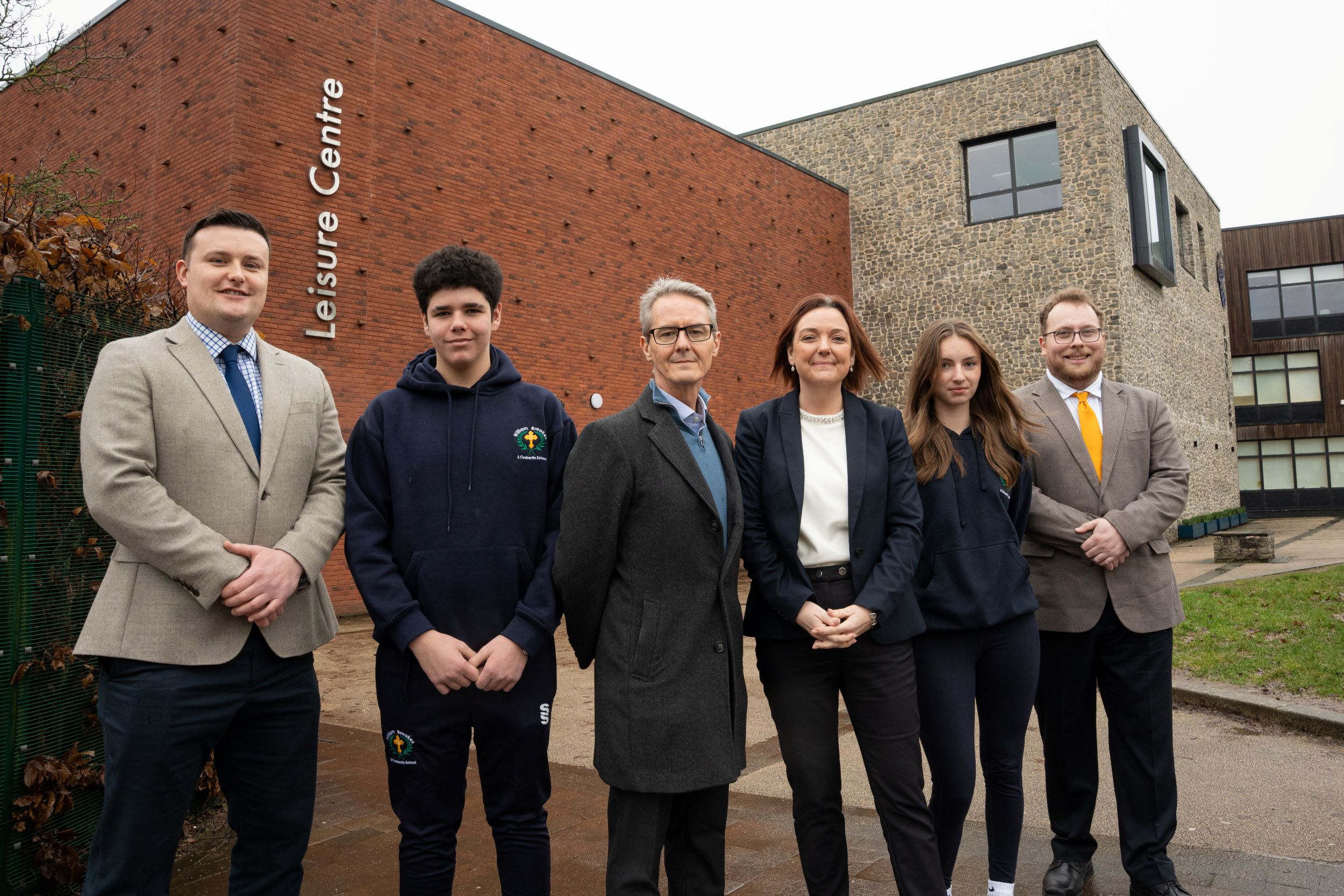 Pictured L-R: Councillor Dan Thomas, Shropshire Councillor for Much Wenlock and Town Mayor; Ed Lloyd, Student, William Brookes School; Scott Rolfe, CEO, Halo Leisure; Ruth Shaw, Headteacher, William Brookes School; Sophie Buckland, Student, William Brookes School; Councillor James Owen, Portfolio Holder for Housing & Leisure, Shropshire Council.