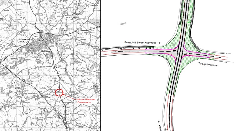 Map and drawing showing the location - and an illustration - of the work at Mount Pleasant crossroads