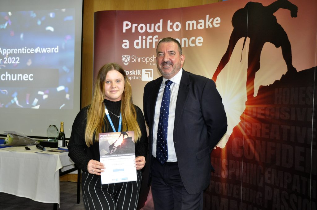 (L-R) Most Committed Apprentice Award Winner:- Livvy Brechunec, teaching assistant at Oxon Primary School, Shrewsbury; and Andy Begley, Shropshire Council's chief executive.