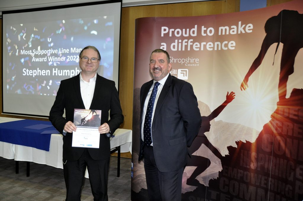 (L-R) Most Supportive Line Manager Award Winner: Stephen Humphrey, Shropshire Council's senior business analyst; and Andy Begley, Shropshire Council's chief executive.