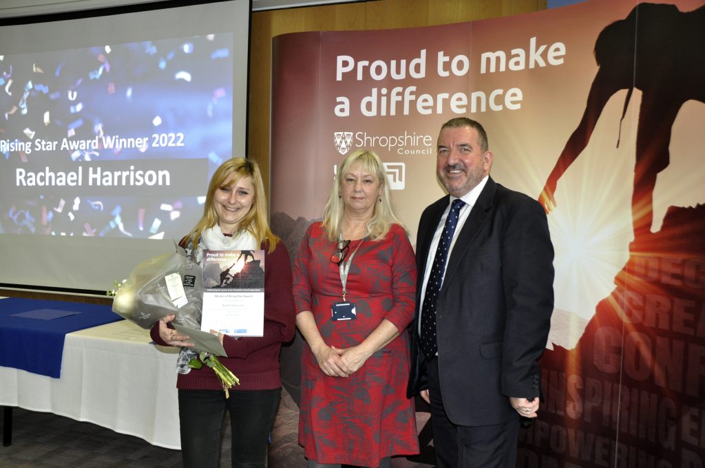 (L-R) Rising Star Award Winner:- Rachael Harrison, a Shropshire Council data officer; Jane Evison. from an award sponsor Total People; and Andy Begley, Shropshire Council's chief executive.