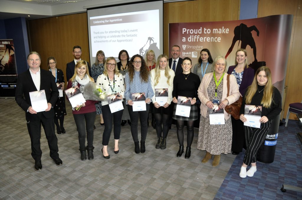 Photo includes award winners, training provider sponsors, and highly commended apprentices. (Back row L-R) Liz Entwistle, Shropshire Council's revenues and benefits team; Calum O’Sullivan, University of Wolverhampton; Kate MacDonald, from Shropshire Council's Upskill Shropshire; Karen Roberts, Barnsley College; Jane Evison, Total People; Andy Begley, Shropshire Council's cheif executive; Holly Davies, Shropshire Council's 16+ leaving care team; Siobhan Shaw, Shropshire Council's Shropshire Libraries. Front Row (L-R) Stephen Humphrey, Shropshire Council's senior business analyst; Rachael Harrison, from Shropshire Council's information and insight team; Claire Morgan, a Shropshire Council ICT Business Partner; Kayleigh Griffiths, from Shropshire Council's audit team; Leah Pedder, from Shropshire Council's education welfare team; Emily Hill, Minsterley Primary School; Donna Ward, from Shropshire Council's children’s social care team; Livvy Brechunec, teaching assistant, Oxon Primary School, Shrewsbury.