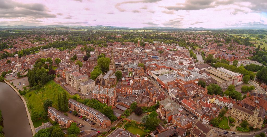 Shrewsbury town centre from a drone