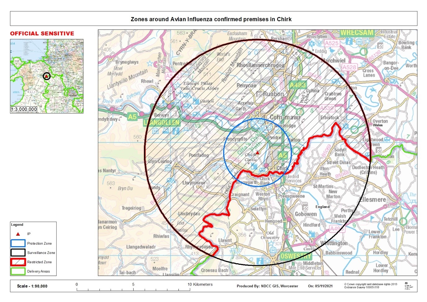 Avian flu: map of The control zones extending from Wrexham into Shropshire.